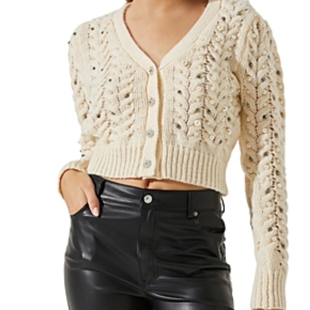 ASTR The Label Mien Embellished Cable Cardigan In Cream, Size M.